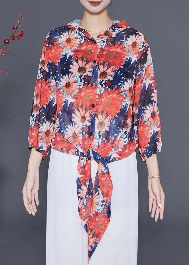 Women Orange Hooded Floral Chiffon UPF 50+ Top Summer