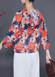 Women Orange Hooded Floral Chiffon UPF 50+ Top Summer