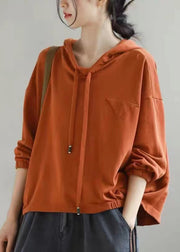 Women Orange Hooded Lace Up Cotton Sweatshirts Long Sleeve