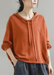 Women Orange Hooded Lace Up Cotton Sweatshirts Long Sleeve