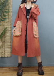 Women Orange Hooded Pockets Patchwork Cotton Coats Fall