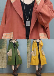 Women Orange Hooded Pockets Patchwork Cotton Coats Fall