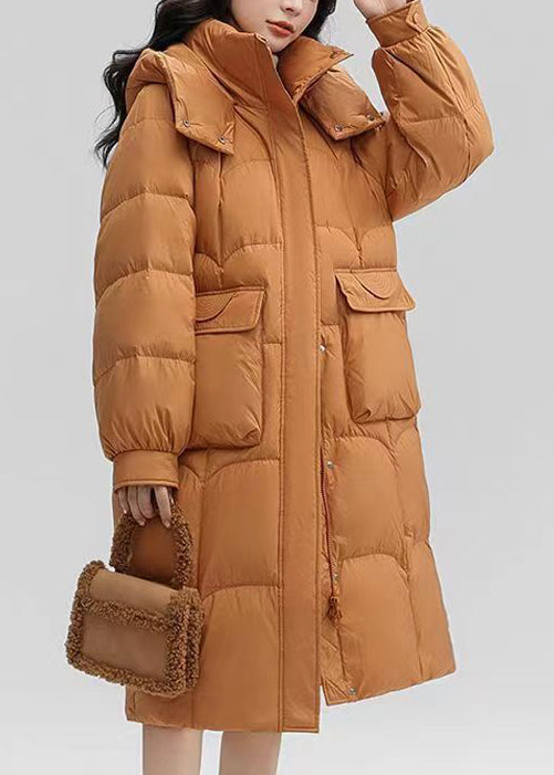 Women Orange Hooded Pockets Patchwork Duck Down Long Coat Winter