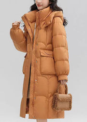 Women Orange Hooded Pockets Patchwork Duck Down Long Coat Winter