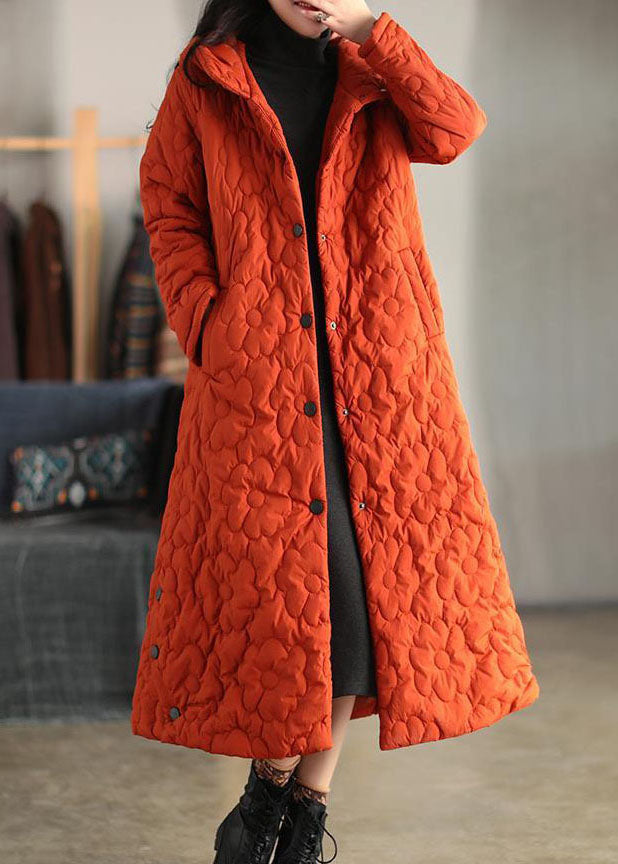 Women Orange Hooded Solid Color Fine Cotton Filled Puffers Jackets Winter