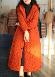 Women Orange Hooded Solid Color Fine Cotton Filled Puffers Jackets Winter