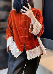 Women Orange Lace Patchwork Silk Velour Coats Long Sleeve