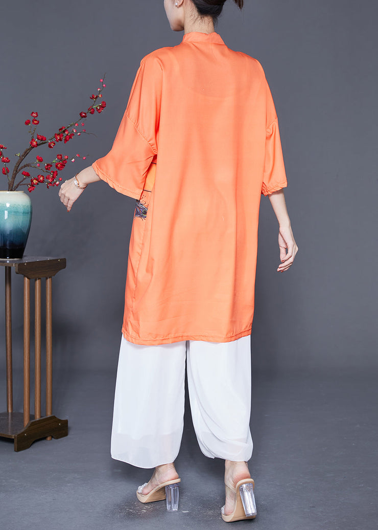 Women Orange Mandarin Collar Chinese Button Silk Dress Summer