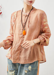 Women Orange Mandarin Collar Patchwork Cotton Shirt Summer
