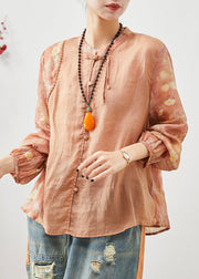 Women Orange Mandarin Collar Patchwork Cotton Shirt Summer