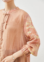Women Orange Mandarin Collar Patchwork Cotton Shirt Summer