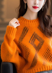 Women Orange O Neck Cozy Thick Cotton Knit Sweaters Long Sleeve