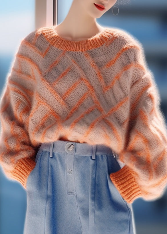 Women Orange O Neck Cozy Thick Knit Pullover Sweaters Spring