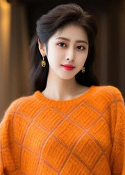 Women Orange O Neck Patchwork Cozy Cotton Knit Sweaters Winter