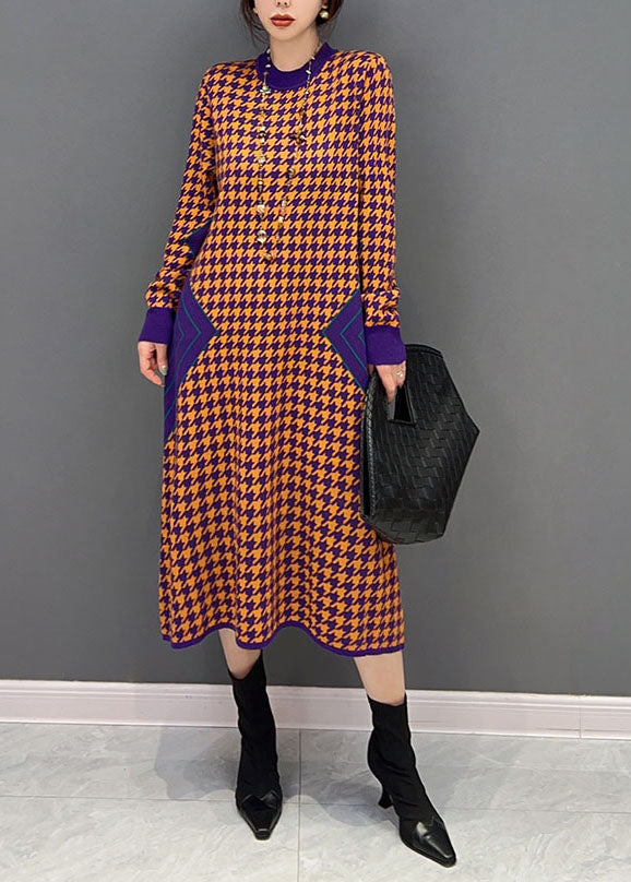 Women Orange O Neck Patchwork Knit Dress Winter