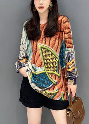 Women Orange O Neck Print Cozy Knitted Cotton Top Long Sleeve