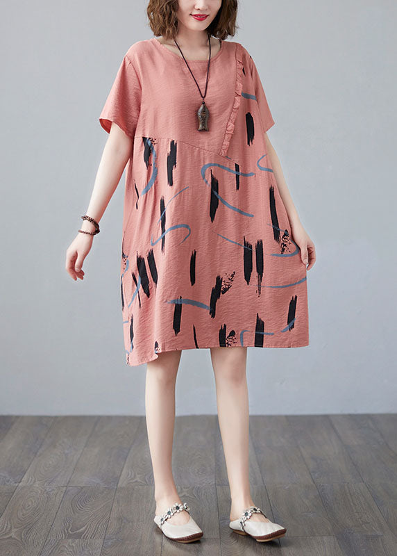 Women Orange O Neck Print Patchwork Cotton Mid Dress Summer