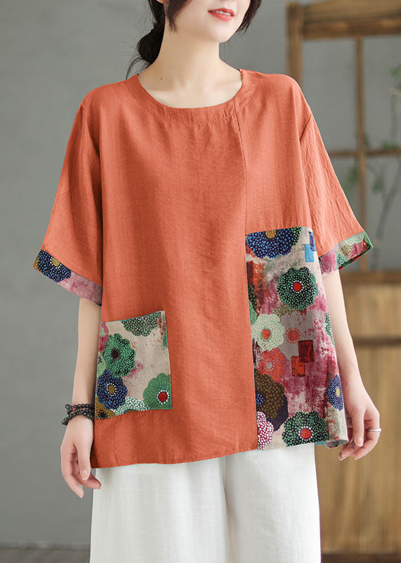 Women Print4  O Neck Print Patchwork Linen T Shirt Top Summer