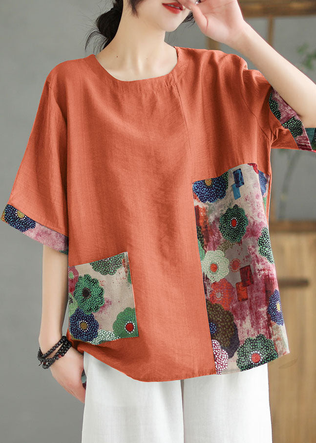 Women Print2  O Neck Print Patchwork Linen T Shirt Top Summer