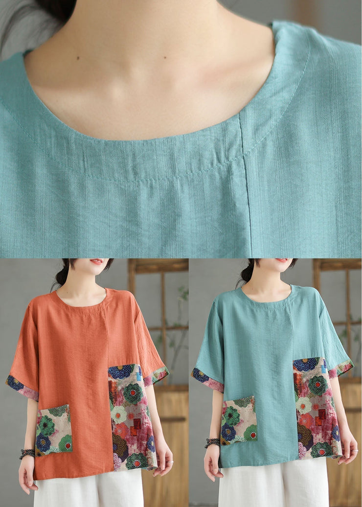 Women Print3  O Neck Print Patchwork Linen T Shirt Top Summer