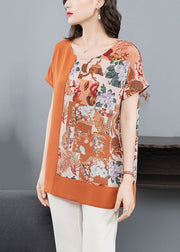 Women Orange O Neck Print Patchwork Silk T Shirt Tops Summer