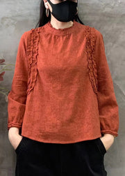 Women Orange O-Neck Ruffled Patchwork Cotton Tops Fall