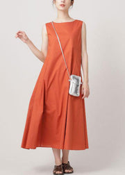 Women Orange O Neck Wrinkled Exra Large Hem Cotton Dresses Sleeveless