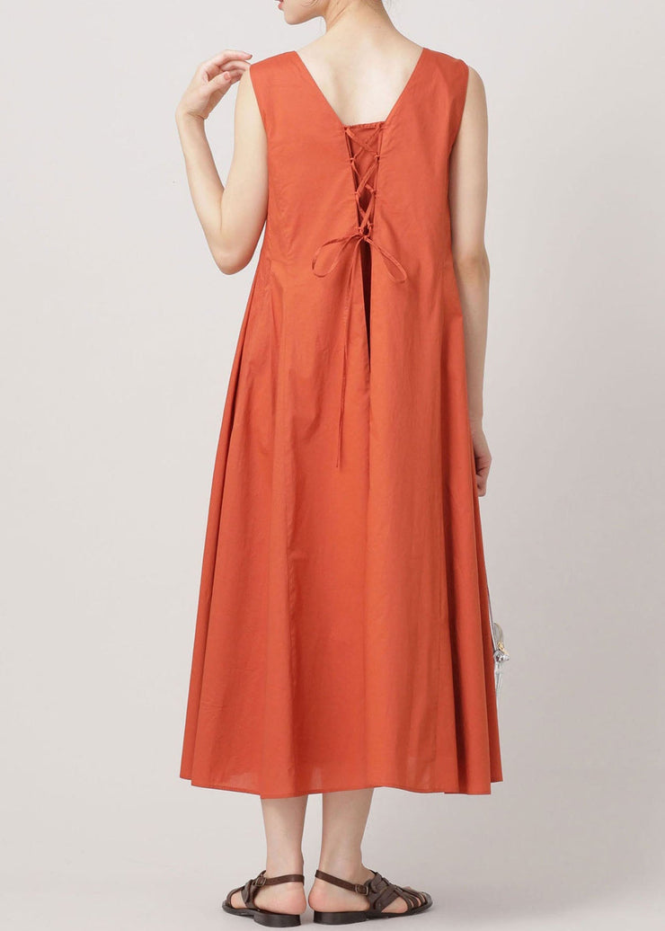 Women Orange O Neck Wrinkled Exra Large Hem Cotton Dresses Sleeveless