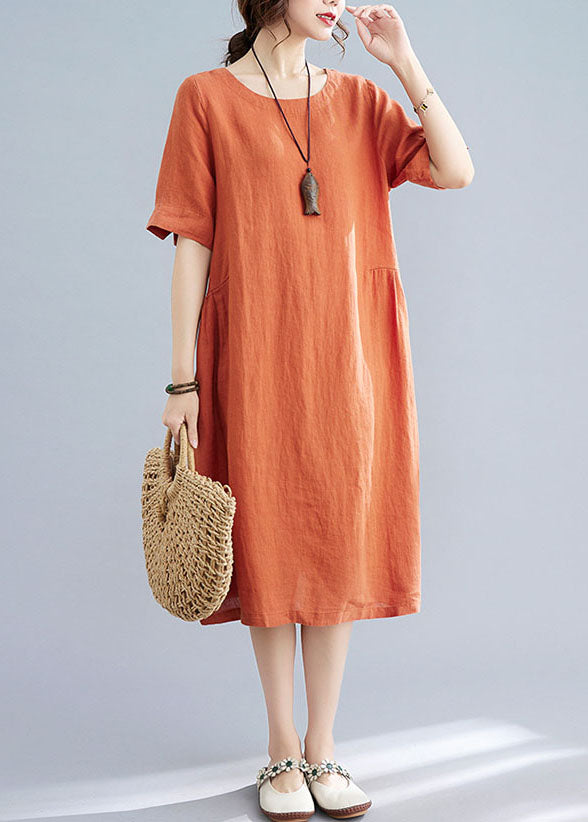 Women Orange O Neck Wrinkled Patchwork Cotton Dress Summer