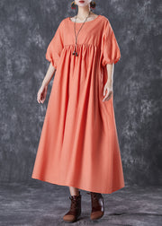 Women Orange Oversized Patchwork Linen Dress Puff Sleeve