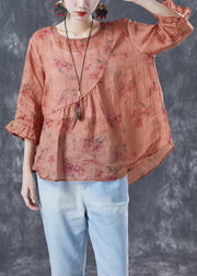 Women Orange Oversized Print Linen Shirts Bracelet Sleeve