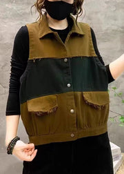 Women Orange Peter Pan Collar Button Patchwork Cotton Waistcoat Sleeveless