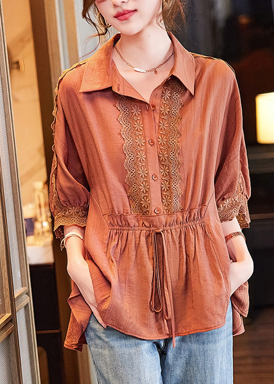 Women Orange Peter Pan Collar Lace Patchwork Drawstring Tie Waist Button Shirt Batwing Sleeve