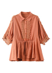 Women Orange Peter Pan Collar Lace Patchwork Drawstring Tie Waist Button Shirt Batwing Sleeve