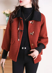 Women Orange Peter Pan Collar Pockets Cotton Coat Winter