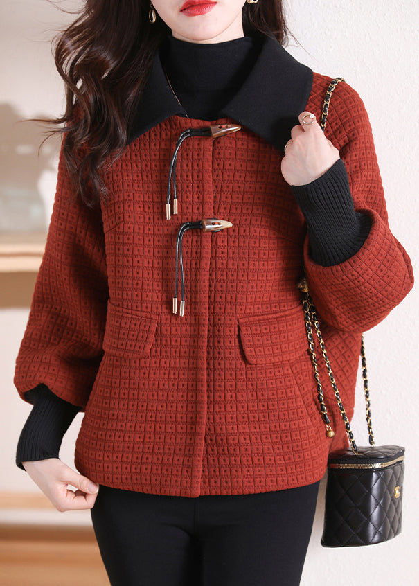 Women Orange Peter Pan Collar Pockets Cotton Coat Winter