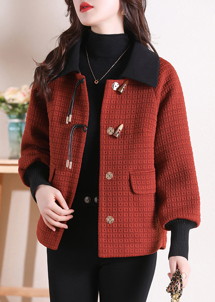 Women Orange Peter Pan Collar Pockets Cotton Coat Winter