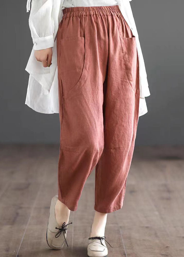 Women Orange Pockets Elastic Waist Patchwork Linen Crop Pants Summer