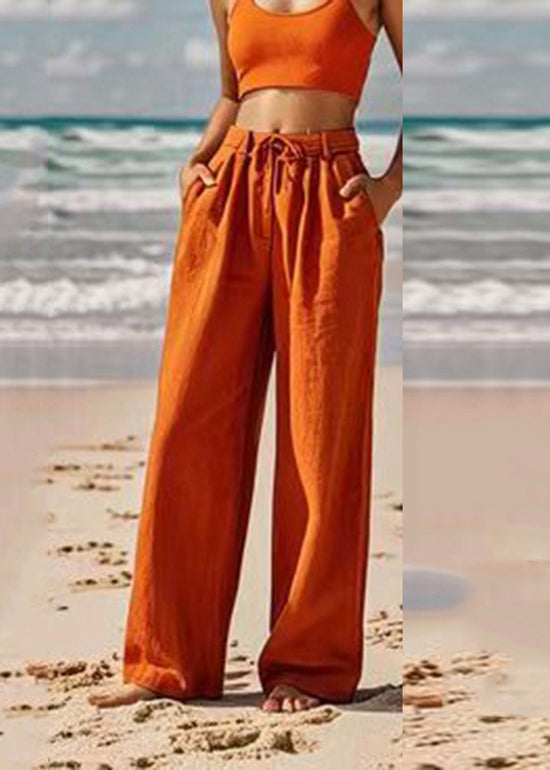Women Orange Pockets Tie Waist Wide Leg Pants Summer