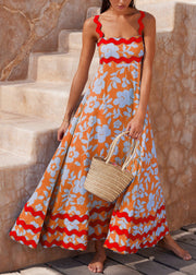 Women Orange Print High Waist Cotton Spaghetti Strap Dress Sleeveless