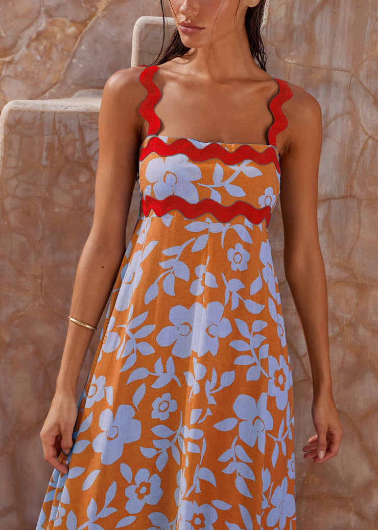 Women Orange Print High Waist Cotton Spaghetti Strap Dress Sleeveless