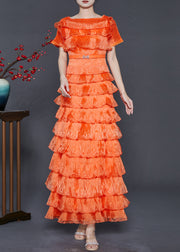 Women Orange Ruffled Patchwork Layered Organza Dresses Summer