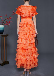 Women Orange Ruffled Patchwork Layered Organza Dresses Summer