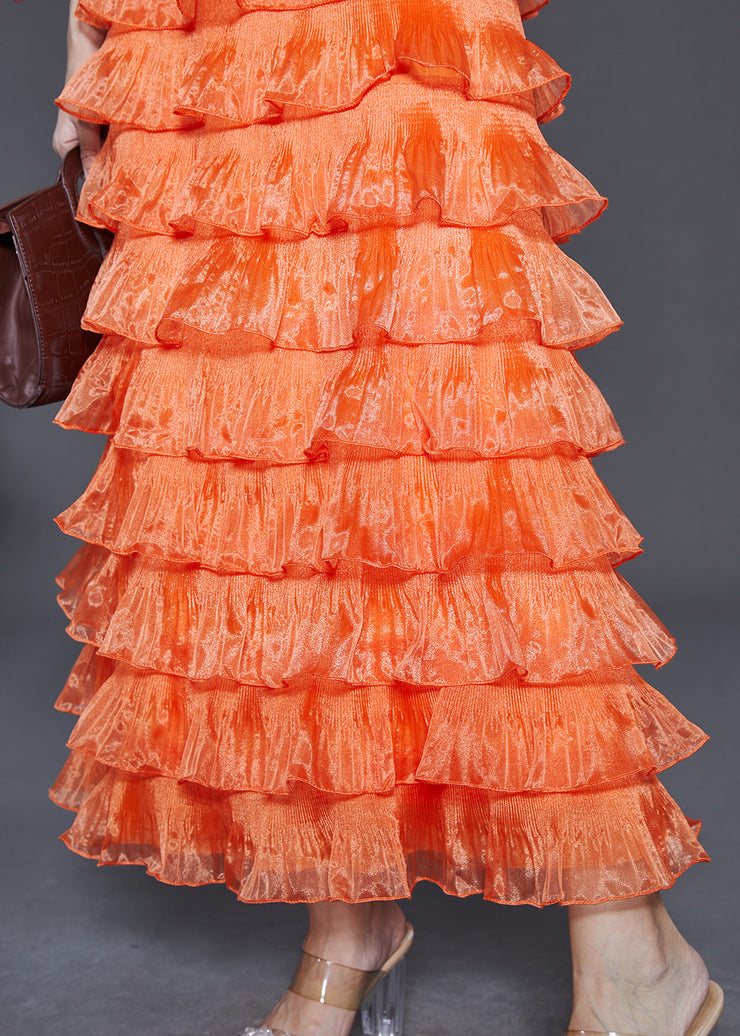 Women Orange Ruffled Patchwork Layered Organza Dresses Summer