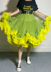 Women Orange Ruffled Patchwork Tulle Skirts Summer