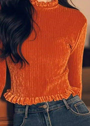 Women Orange Ruffled Solid Silk Velour T Shirts Spring