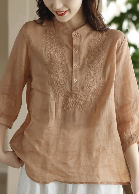 Women Orange Stand Collar Embroideried Floral Shirt Long Sleeve