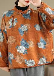 Women Orange Stand Collar Print Fine Cotton Filled Top Spring