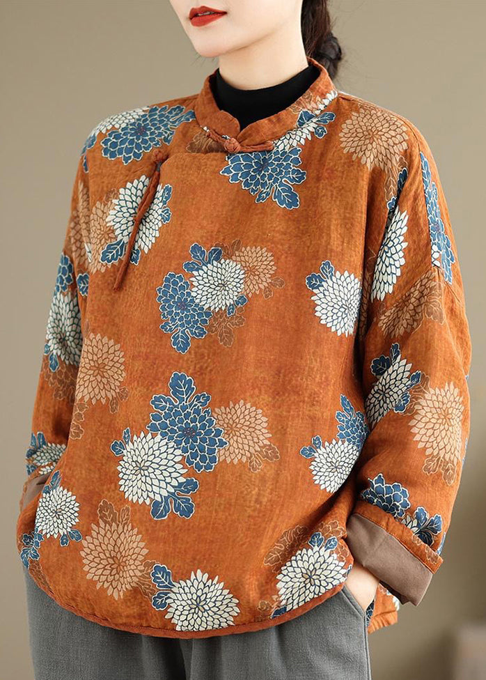 Women Orange Stand Collar Print Fine Cotton Filled Top Spring