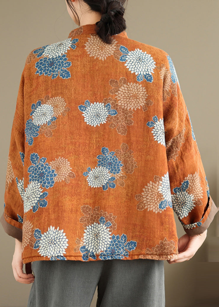 Women Orange Stand Collar Print Fine Cotton Filled Top Spring